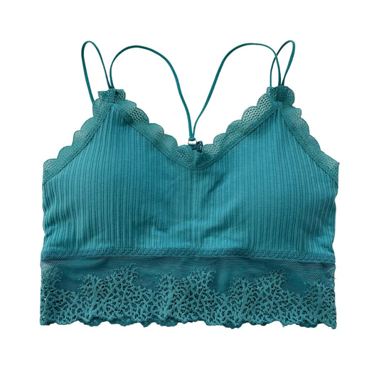 Teal Ribbed Lace Trim Racerback Bralette